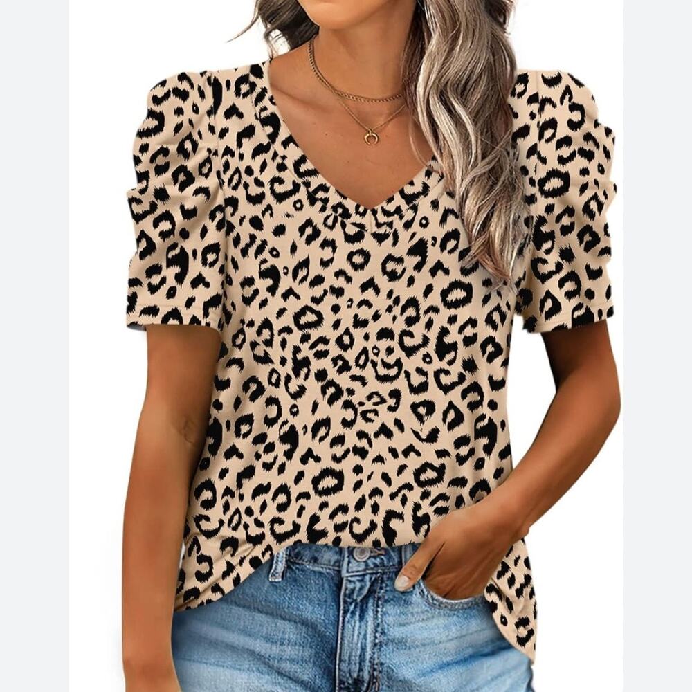 NWT XIEERDUO Animal Print V-Neck Puffed Sleeve Top Tan Black Blouse Size Small